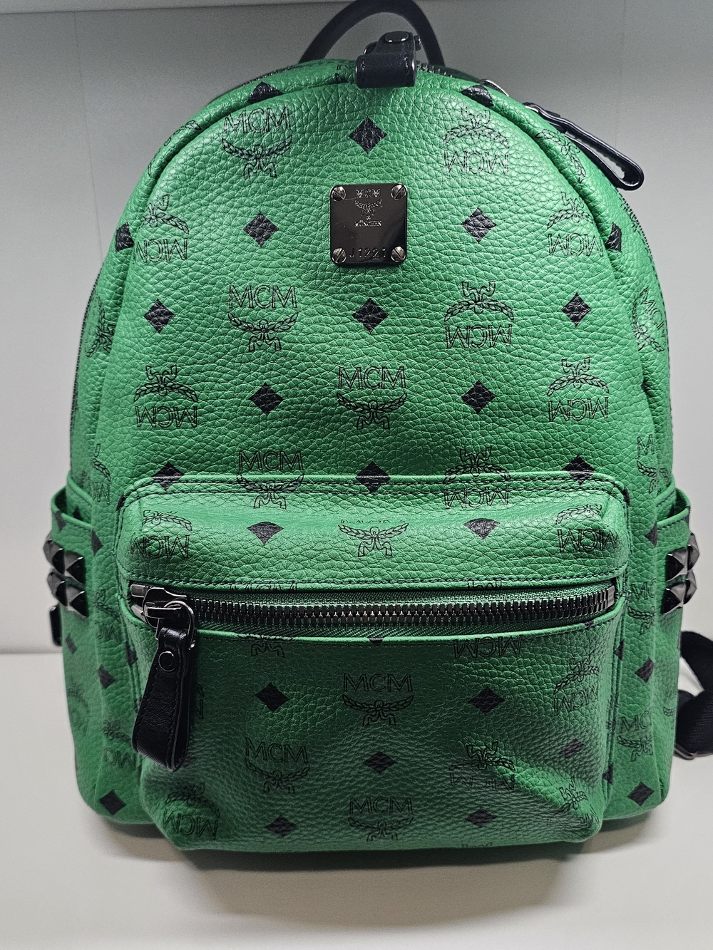 MCM Green Logo-Print Stark Backpack with Black Trim